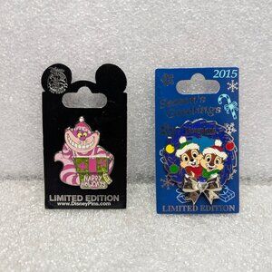Lot 2 Disney Pins Chip & Dale Season's Greetings - Cheshire Cat Happy Holidays